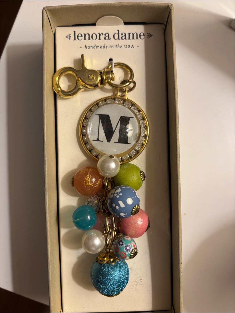 Lenora Dame Gold 'M' Multicolor Beaded Keychain